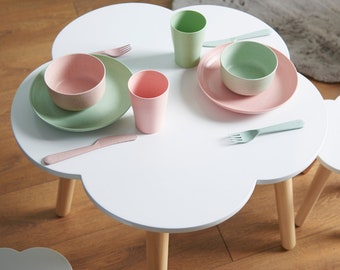 Haus Projekt Ensemble table et chaises Cloud pour enfants (3-8 ans), table en bois blanc et 2 tabourets pour enfants, table d'activités 60 x 50 cm, tabouret décoratif