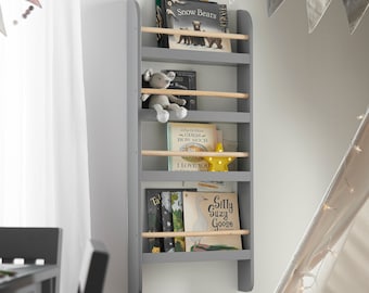 Haus Projekt Open Wall Bookshelf for Kids, Children's Wall Mounted Bookcase, Grey Wooden Shelving Unit, Great For Playroom / Kitchen Storage