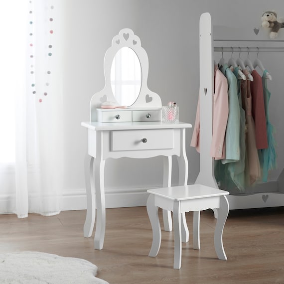 Runesol Kids Dressing Table With Stool and Mirror for 3 7 Years White  Wooden Makeup Vanity Table With 3 Drawers, Christmas Girl Gifts 