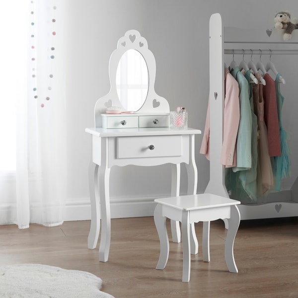 Coiffeuse Runesol pour enfants avec tabouret et miroir pour 3 à 7 ans - Coiffeuse de maquillage en bois blanc avec 3 tiroirs, cadeaux de Noël pour fille