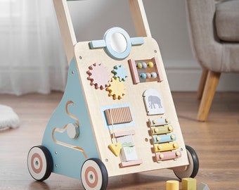 Haus Projekt Safari trotteur en bois, chariot d'activités pour bébés et tout-petits avec jouets sensoriels