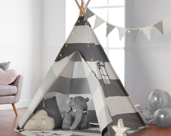 Haus Projekt Tipi avec guirlandes lumineuses, guirlandes et tapis imperméable, Tente tipi pour enfants 160 cm, Tente tippee certifiée CE, 120 x 120 x 160 cm, Bruant gris