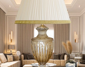 Made in Italy Classic and elegant table lamp in CLEAR AMBER crystal with silk lampshade for living room. ITEM C568GCH