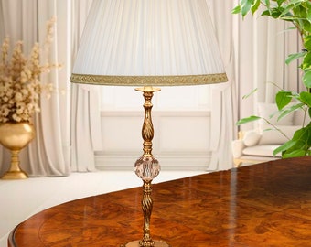 Made in Italy | Elegant luxury table lamp in golden brass and crystal with handmade silk lampshade. item C255