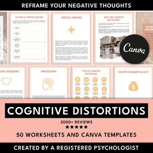 May include: A pink and beige printable worksheet set for cognitive distortions. The set includes 50 worksheets and Canva templates. The title is "Cognitive Distortions" and the text "2000+ Reviews" and "Created by a Registered Psychologist" are also included.