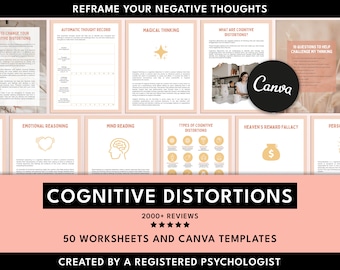 CBT Cognitive Distortion Cards: Therapy Worksheets Canva Templates