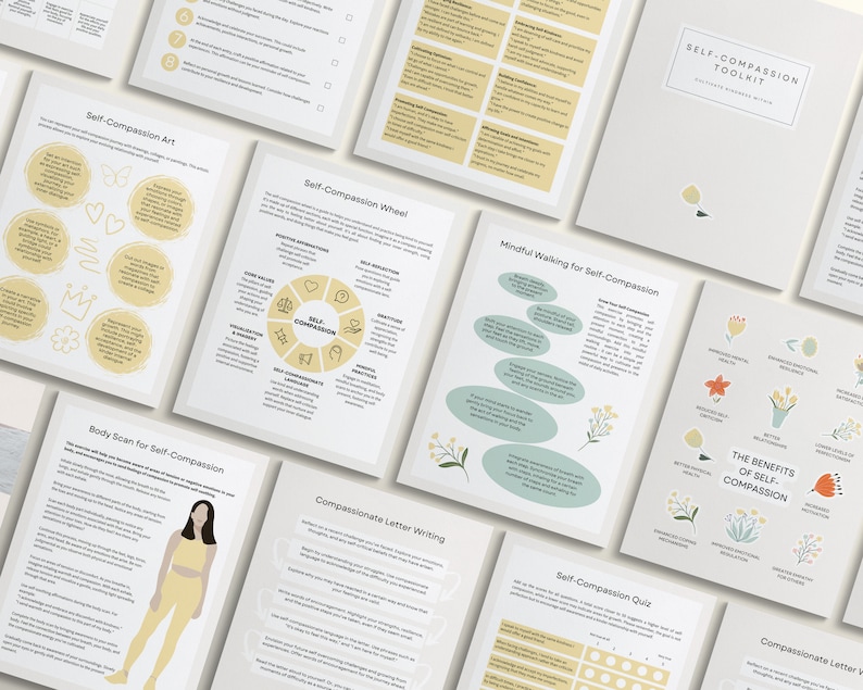 self compassion, self-compassion, canva templates, therapy tool, therapy workbook, therapy worksheets, therapist resources, therapy resources, counselor resources, counselor worksheets, counselor tool, miri campbell