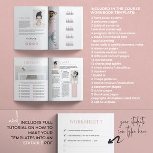 Pode incluir: Um modelo de caderno de exerc&iacute;cios rosa e branco para um curso online. O modelo inclui uma p&aacute;gina de boas-vindas, uma lista de verifica&ccedil;&atilde;o, uma se&ccedil;&atilde;o de perguntas e respostas, folhas de trabalho e uma folha de trabalho com uma lista de verifica&ccedil;&atilde;o. O texto "INCLUDED IN THE COURSE WORKBOOK TEMPLATE" est&aacute; no topo da p&aacute;gina. O texto "your students can type here" est&aacute; na parte inferior da p&aacute;gina.