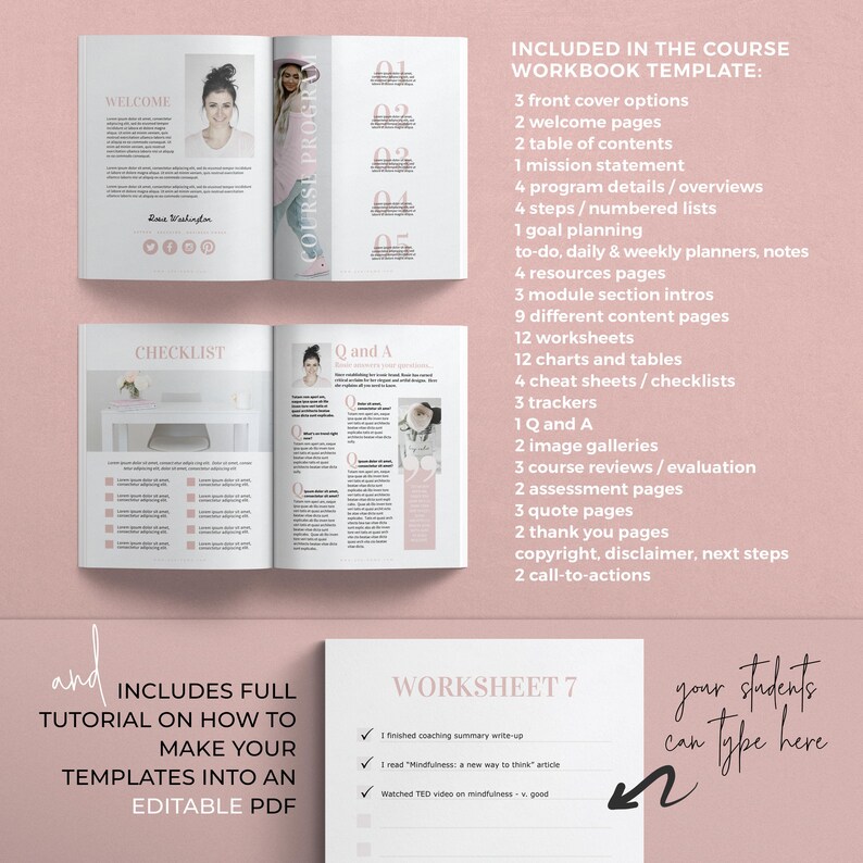 Pode incluir: Um modelo de caderno de exerc&iacute;cios rosa e branco para um curso online. O modelo inclui uma p&aacute;gina de boas-vindas, uma lista de verifica&ccedil;&atilde;o, uma se&ccedil;&atilde;o de perguntas e respostas, folhas de trabalho e uma folha de trabalho com uma lista de verifica&ccedil;&atilde;o. O texto "INCLUDED IN THE COURSE WORKBOOK TEMPLATE" est&aacute; no topo da p&aacute;gina. O texto "your students can type here" est&aacute; na parte inferior da p&aacute;gina.
