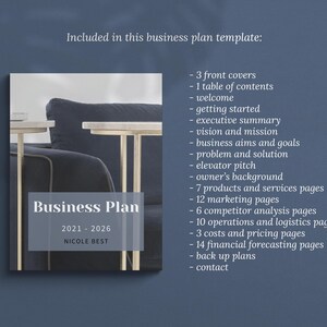 Canva template Business Plan with front covers, executive summary, vision and mission, business aims and goals, problems and solutions, products and services, competitor analysis, operations and logistics, costs, pricing, financial forecast templates