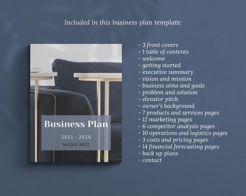 Canva template Business Plan with front covers, executive summary, vision and mission, business aims and goals, problems and solutions, products and services, competitor analysis, operations and logistics, costs, pricing, financial forecast templates