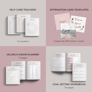 Self Care Bundle of Canva templates. Over 150 Canva template in US letter and A4 size. Pink pages of self care trackers, affirmation card templates, values and vision planner, goal setting workbooks