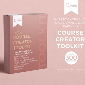 Pode incluir: Uma caixa rosa com o texto "Canva" e "Course Creator Toolkit" nela. A caixa &eacute; cercada por um fundo rosa com o texto "Este modelo de ebook tamb&eacute;m est&aacute; dispon&iacute;vel como parte de um kit de cria&ccedil;&atilde;o de cursos" e "Mais de 300 modelos".