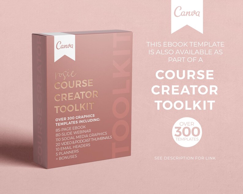 Pode incluir: Uma caixa rosa com o texto "Canva" e "Course Creator Toolkit" nela. A caixa &eacute; cercada por um fundo rosa com o texto "Este modelo de ebook tamb&eacute;m est&aacute; dispon&iacute;vel como parte de um kit de cria&ccedil;&atilde;o de cursos" e "Mais de 300 modelos".