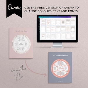 Self Care Bundle of Canva templates. Over 150 Canva template in US letter and A4 size. Pink pages of self care journal and gratitude journal arranged as 2 book mockups. Self care wheel and iMac with Canva templates