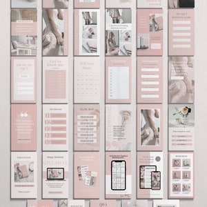 May include: A collection of pink and white social media graphics for a business coach. The graphics include text such as "Start your business the right way", "Get to know me", "Self care bingo", "Grab your free business start up pack", and "My happy place".