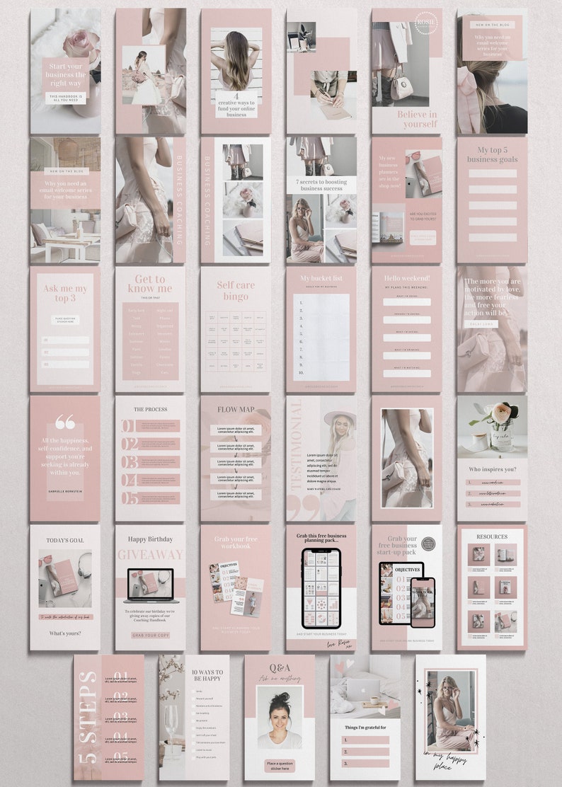 May include: A collection of pink and white social media graphics for a business coach. The graphics include text such as "Start your business the right way", "Get to know me", "Self care bingo", "Grab your free business start up pack", and "My happy place".