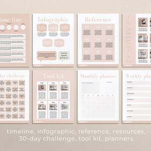 K&ouml;nnte beinhalten: Ein Satz druckbarer Planerseiten in einem hellrosa und wei&szlig;en Farbschema. Die Seiten beinhalten eine Zeitleiste, Infografik, Referenz, Ressourcen, 30-Tage-Challenge, Toolkit, Monatsplaner und Wochenplaner.