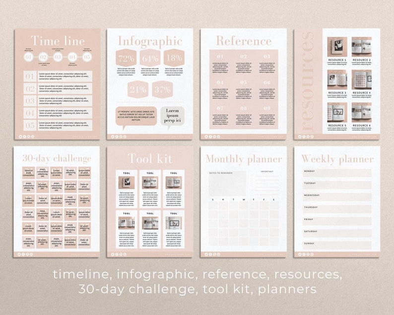 K&ouml;nnte beinhalten: Ein Satz druckbarer Planerseiten in einem hellrosa und wei&szlig;en Farbschema. Die Seiten beinhalten eine Zeitleiste, Infografik, Referenz, Ressourcen, 30-Tage-Challenge, Toolkit, Monatsplaner und Wochenplaner.