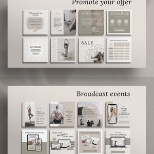 May include: A collage of images promoting yoga classes and workshops. The images feature people doing yoga poses, a yoga timetable, and a free yoga workshop. The text on the images includes "Promote your offer", "Giveaway", "Sale", "Explain your pricing", "Broadcast events", "How yoga can improve your mood", "Free Yoga Workshop", "Join our workshop", and "28-Day Live Yoga Workshop".