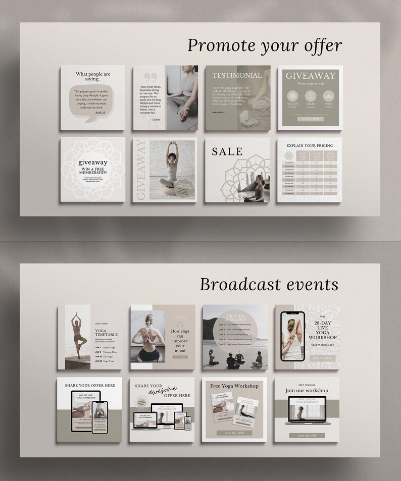 May include: A collage of images promoting yoga classes and workshops. The images feature people doing yoga poses, a yoga timetable, and a free yoga workshop. The text on the images includes "Promote your offer", "Giveaway", "Sale", "Explain your pricing", "Broadcast events", "How yoga can improve your mood", "Free Yoga Workshop", "Join our workshop", and "28-Day Live Yoga Workshop".