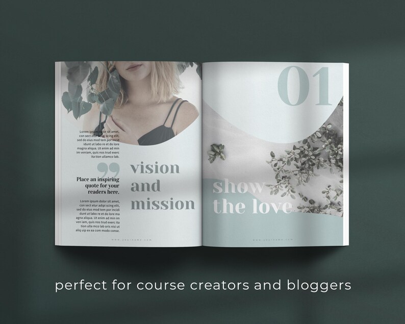 Puede incluir: Una revista abierta con un fondo azul claro y un c&iacute;rculo blanco con el n&uacute;mero "01" en el centro. El texto "vision and mission" est&aacute; en la p&aacute;gina izquierda y "show the love" est&aacute; en la p&aacute;gina derecha. La revista es perfecta para creadores de cursos y bloggers.