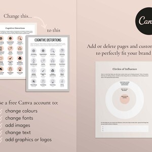 May include: A Canva design template showing how to use the platform to create a cognitive distortions chart and a circles of influence diagram. The template includes a checklist of features available on Canva, such as changing colors, fonts, adding images, and text.