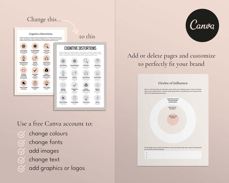 May include: A Canva design template showing how to use the platform to create a cognitive distortions chart and a circles of influence diagram. The template includes a checklist of features available on Canva, such as changing colors, fonts, adding images, and text.