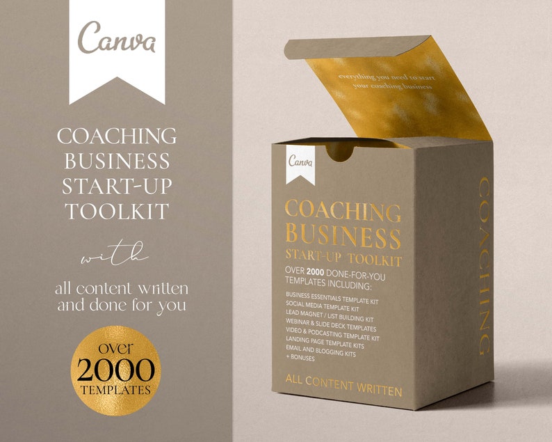 Coaching Business Start Up Toolkit Canva template bundle. All content written and done for you. Coaching business templates, social media templates, coach lead magnet templates, coach webinar templates, sales landing page templates, email templates