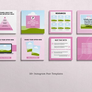 May include: A collection of eight pink and white Instagram post templates. Each template features text and graphics, including a pyramid diagram, a laptop, and landscape images. The templates are designed for sharing offers, quotes, and resources.