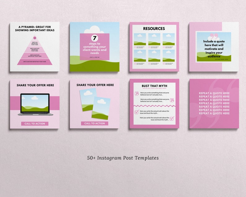 May include: A collection of eight pink and white Instagram post templates. Each template features text and graphics, including a pyramid diagram, a laptop, and landscape images. The templates are designed for sharing offers, quotes, and resources.