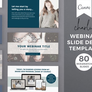 Puede incluir: Una plantilla de diapositiva de webinar Canva azul y blanca. La plantilla presenta una foto de una mujer y el texto "Let me start by telling you a story..." y "Your Webinar Title". La plantilla también incluye el texto "Today, I'm sharing lessons from my brand new program, [Name of Course]".