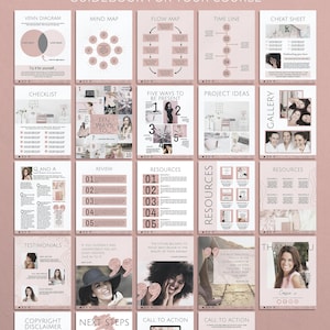 May include: A pink and white ebook template with a variety of page layouts, including a checklist, mind map, flow map, time line, cheat sheet, Q&A, review, resources, testimonials, copyright disclaimer, next steps, and call to action. The template is designed to help you create a professional and engaging ebook for your course.