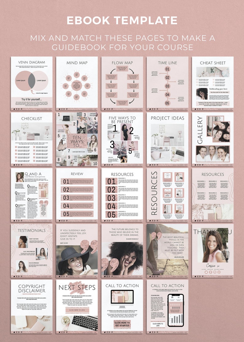 May include: A pink and white ebook template with a variety of page layouts, including a checklist, mind map, flow map, time line, cheat sheet, Q&A, review, resources, testimonials, copyright disclaimer, next steps, and call to action. The template is designed to help you create a professional and engaging ebook for your course.