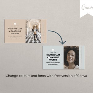 May include: Two light blue and white cards with the text "How to Start a Coaching Routine" and a heart icon. The text "Supporting you from the beginning of your coaching journey" is also on the cards. One card features a woman in a black and white checkered hallway. The other card features a woman with curly hair smiling at the camera.