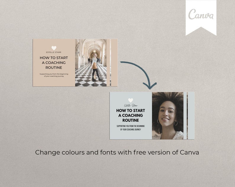 May include: Two light blue and white cards with the text "How to Start a Coaching Routine" and a heart icon. The text "Supporting you from the beginning of your coaching journey" is also on the cards. One card features a woman in a black and white checkered hallway. The other card features a woman with curly hair smiling at the camera.