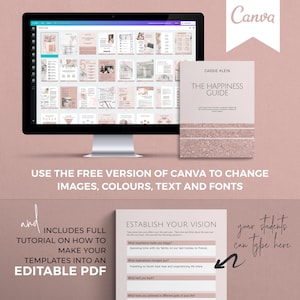 May include: A pink and white digital design template for a happiness guide. The template includes a title page with the text "The Happiness Guide" and a section titled "Establish Your Vision" with questions to help you reflect on your past year. The text "Use the free version of Canva to change images, colors, text and fonts" is displayed below the template.