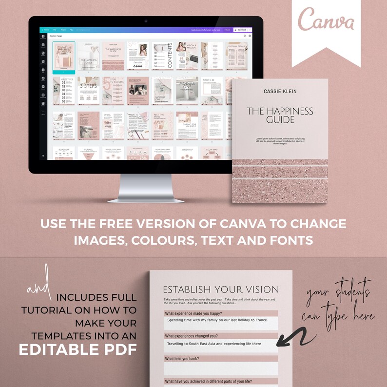 May include: A pink and white digital design template for a happiness guide. The template includes a title page with the text "The Happiness Guide" and a section titled "Establish Your Vision" with questions to help you reflect on your past year. The text "Use the free version of Canva to change images, colors, text and fonts" is displayed below the template.