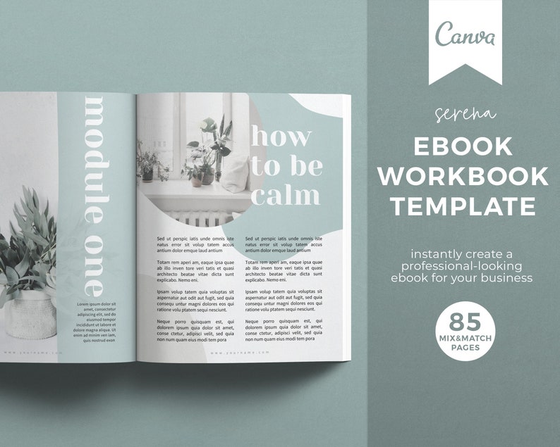 Puede incluir: Una plantilla de libro electr&oacute;nico de trabajo de color azul claro y verde con el texto "how to be calm" y "module one" en la portada. La plantilla est&aacute; dise&ntilde;ada para ayudarte a crear un libro electr&oacute;nico de aspecto profesional para tu negocio. Incluye 85 p&aacute;ginas para mezclar y combinar.