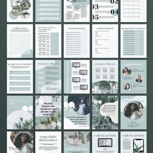 Puede incluir: Un planificador digital con un esquema de color verde y blanco. El planificador incluye secciones para el seguimiento de h&aacute;bitos, la reflexi&oacute;n, la evaluaci&oacute;n, el seguimiento del progreso, la biblioteca de recursos, los testimonios y una llamada a la acci&oacute;n. El planificador tambi&eacute;n incluye citas sobre la belleza y los sue&ntilde;os.