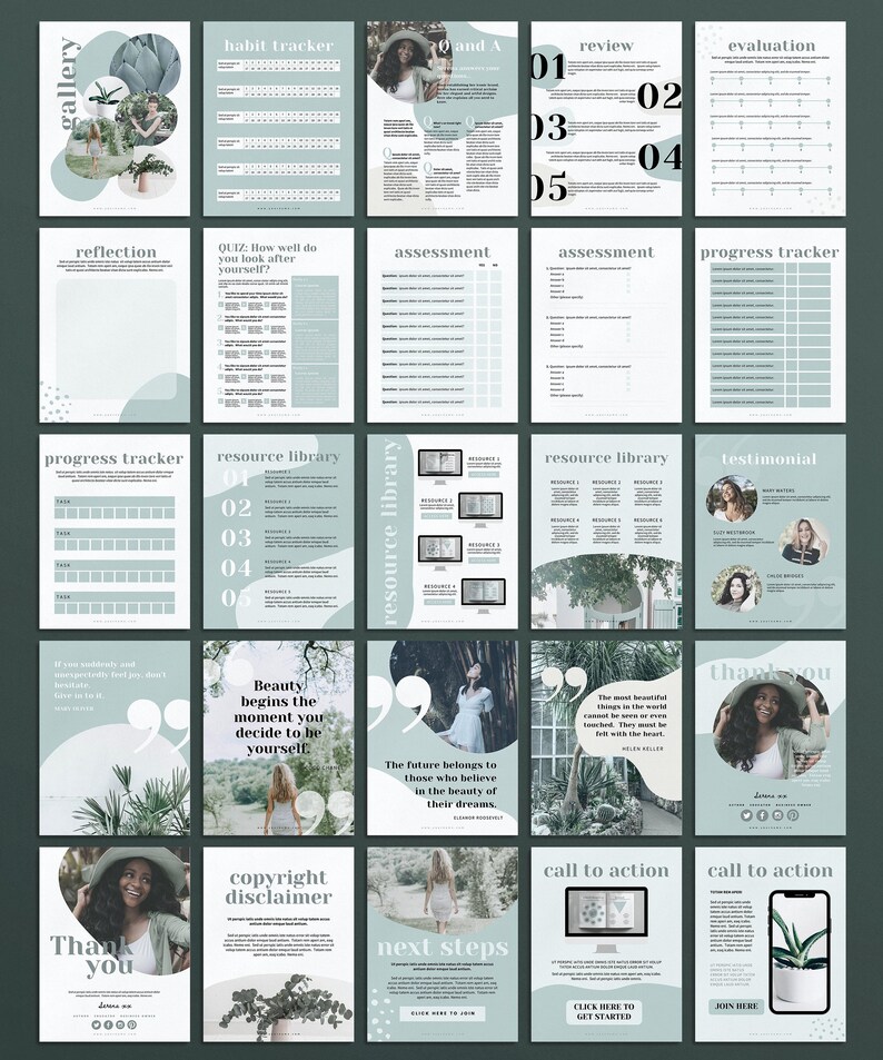 Puede incluir: Un planificador digital con un esquema de color verde y blanco. El planificador incluye secciones para el seguimiento de h&aacute;bitos, la reflexi&oacute;n, la evaluaci&oacute;n, el seguimiento del progreso, la biblioteca de recursos, los testimonios y una llamada a la acci&oacute;n. El planificador tambi&eacute;n incluye citas sobre la belleza y los sue&ntilde;os.