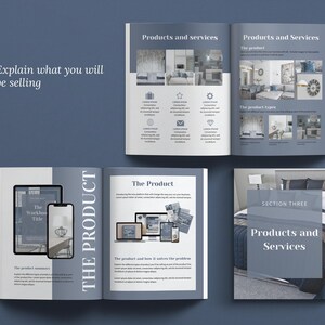 Canva template Business Plan with front covers, executive summary, vision and mission, business aims and goals, problems and solutions, products and services, competitor analysis, operations and logistics, costs, pricing, financial forecast templates