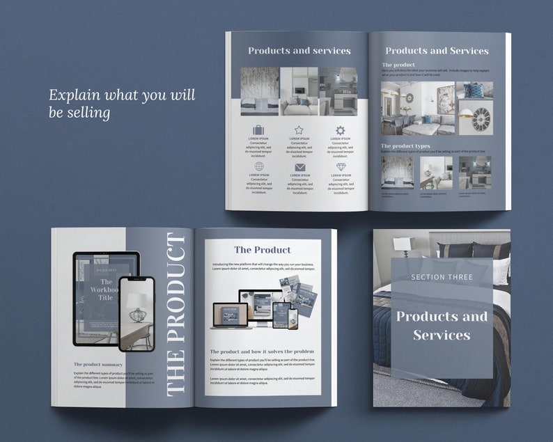 Canva template Business Plan with front covers, executive summary, vision and mission, business aims and goals, problems and solutions, products and services, competitor analysis, operations and logistics, costs, pricing, financial forecast templates