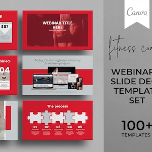 May include: A red and gray presentation template set for fitness coaches. The template includes 100+ slides with text, images, and graphics. The text on the slides includes "Webinar Title Here", "Get Movin", "The Process", and "100+ Templates".