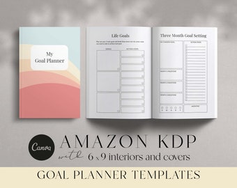 Può includere: Un planner di obiettivi con una copertina rosa, arancione e gialla. La copertina ha il testo "My Goal Planner". Le pagine interne hanno sezioni per gli obiettivi di vita e l'impostazione degli obiettivi trimestrali. Il planner misura 6x9 pollici.