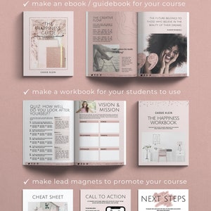 May include: A pink and white digital template for an ebook, workbook, or lead magnet. The template features a quote by Eleanor Roosevelt, "The future belongs to those who believe in the beauty of their dreams."