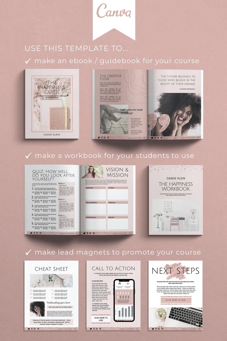 May include: A pink and white digital template for an ebook, workbook, or lead magnet. The template features a quote by Eleanor Roosevelt, "The future belongs to those who believe in the beauty of their dreams."