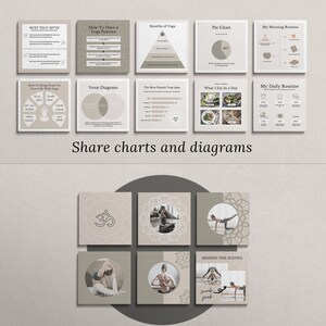 May include: A collage of images showcasing different types of charts and diagrams, photos, and images. The charts and diagrams include a pie chart, a Venn diagram, and a pyramid chart. The photos and images include a woman in a yoga pose, a woman meditating, and a woman doing a yoga pose.