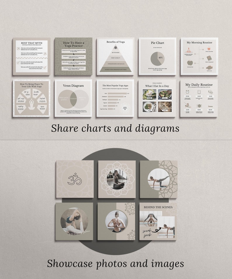 May include: A collage of images showcasing different types of charts and diagrams, photos, and images. The charts and diagrams include a pie chart, a Venn diagram, and a pyramid chart. The photos and images include a woman in a yoga pose, a woman meditating, and a woman doing a yoga pose.