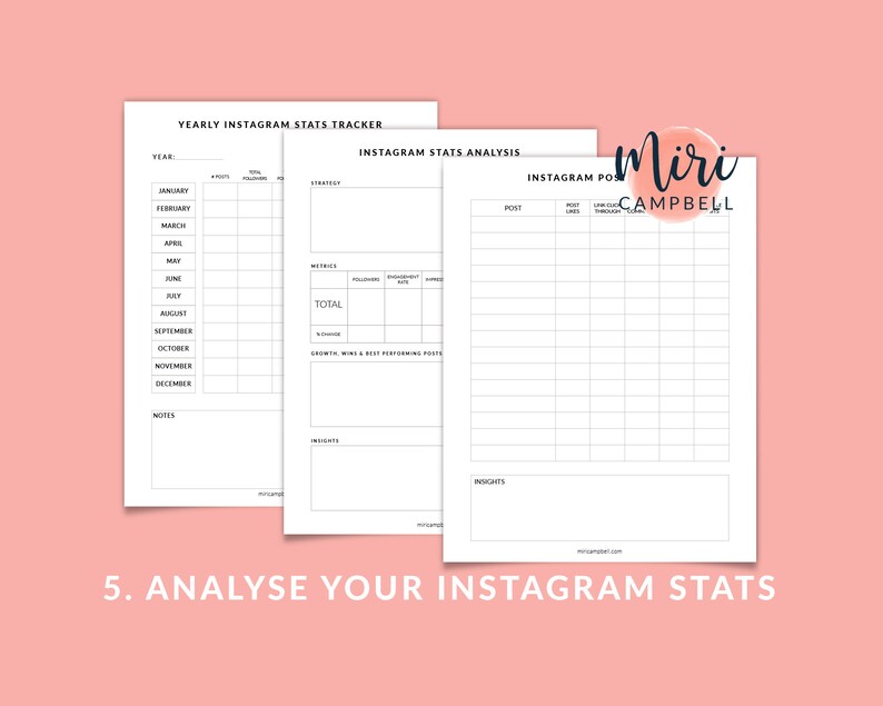 May include: A printable worksheet for tracking Instagram analytics. The worksheet includes sections for yearly stats, post analysis, and insights. The worksheet is designed for use with a planner or journal.